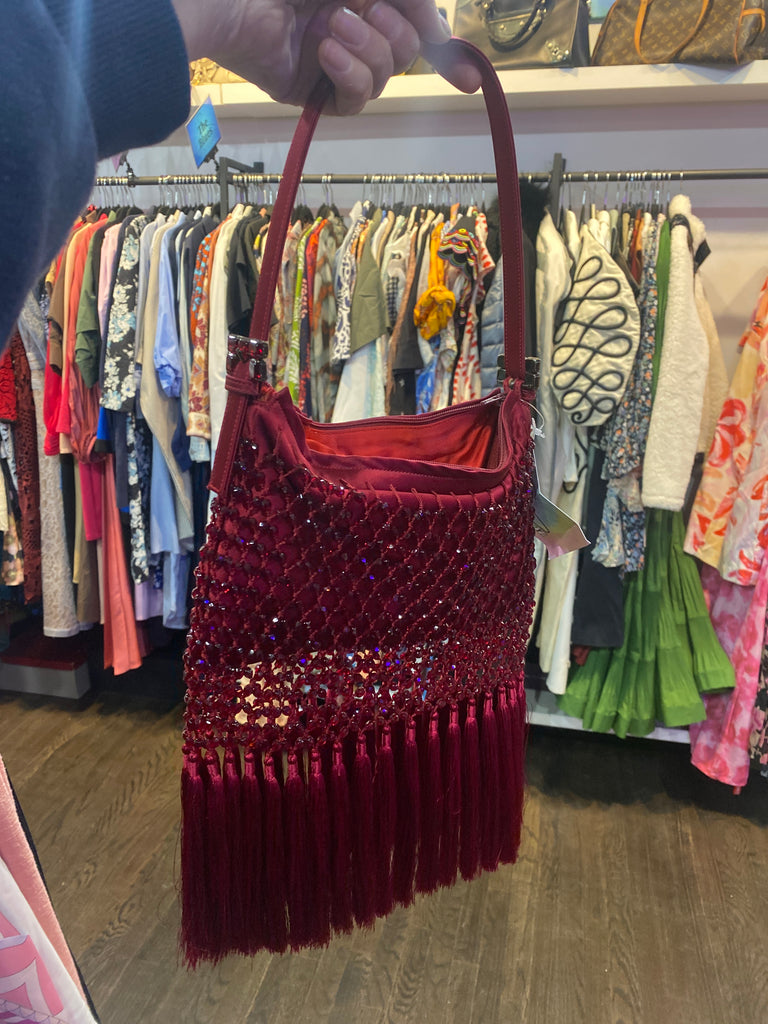 Vintage: RENAUD PELLEGRINO Red Satin and Fringe and Beaded Bag