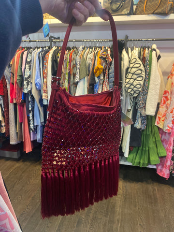 Vintage: RENAUD PELLEGRINO Red Satin and Fringe and Beaded Bag