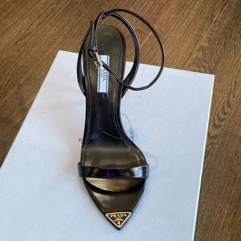 Prada Black Pointed Toe Leather Strap Sandal with Logo Plaque Point