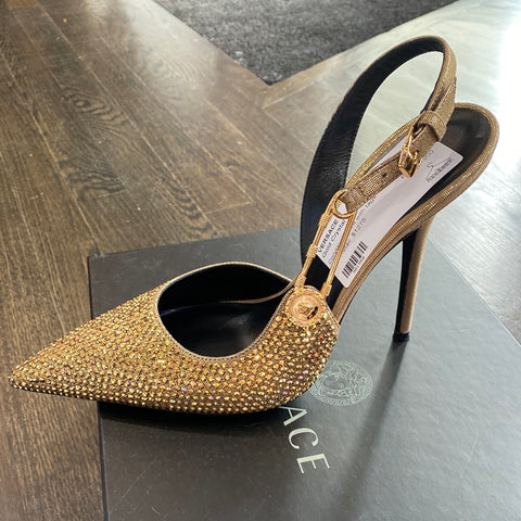 Versace Gold Crystal and Leather Slingback Pointed Toe Heel