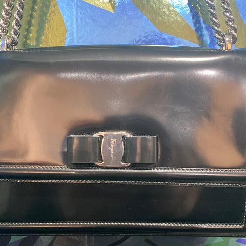 Ferragamo Black Patent Leather 'Ginny' Silver Shoulder Bag