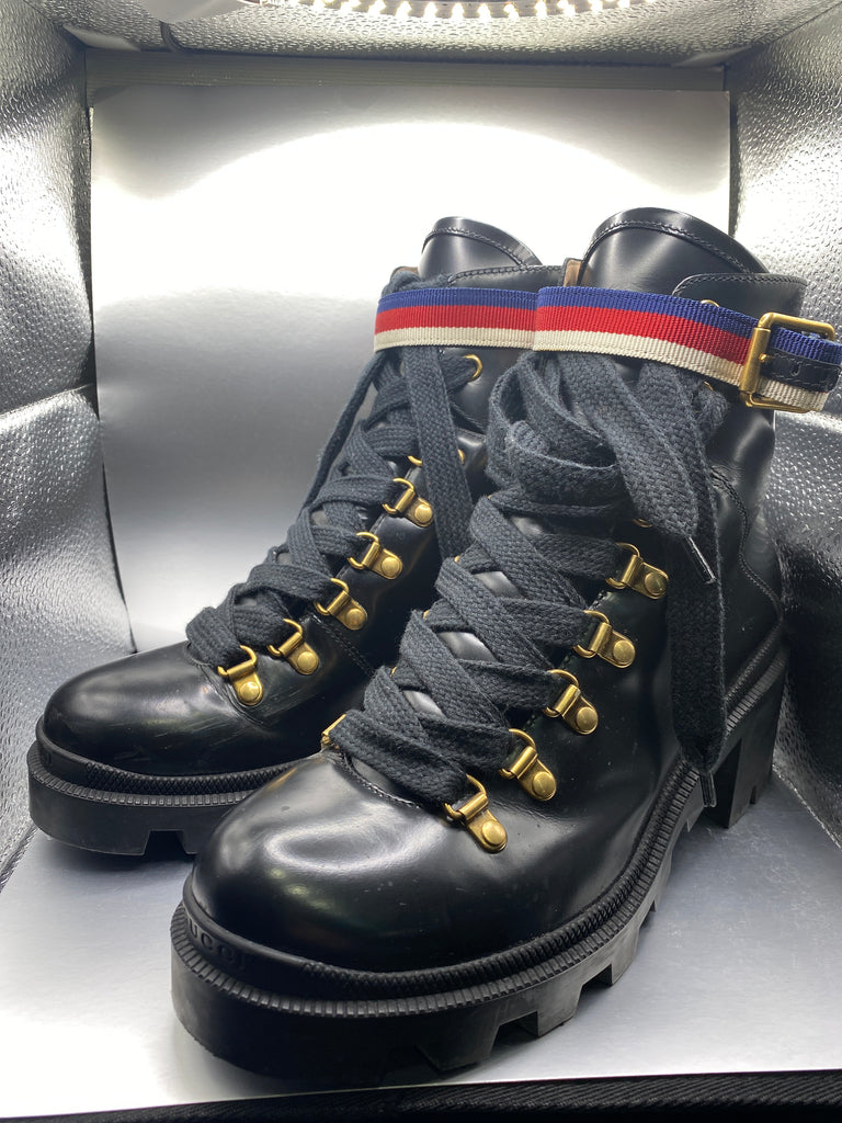 Gucci Black Block Heel 'SYLVIE'  Lace Up Bootie with Grosgrain Trim Buckle