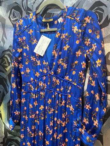 Scotch & Soda Blue Floral Long Sleeve V Neck Ruffle Bottom Maxi Dress