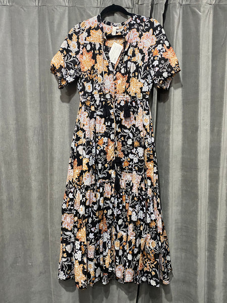 ELAN Black Floral and Paisely Short Sleeve Tiered Maxi Dress