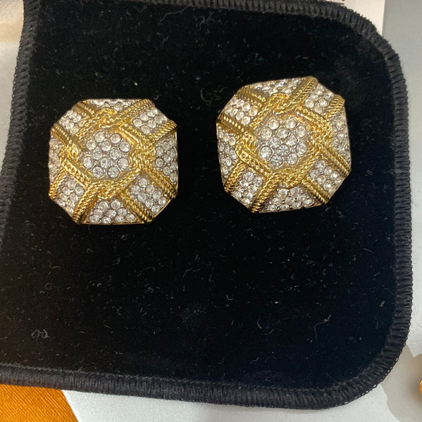 Vintage: Saint John Clip On Gold Rope and Crystal Earrings Hexagon