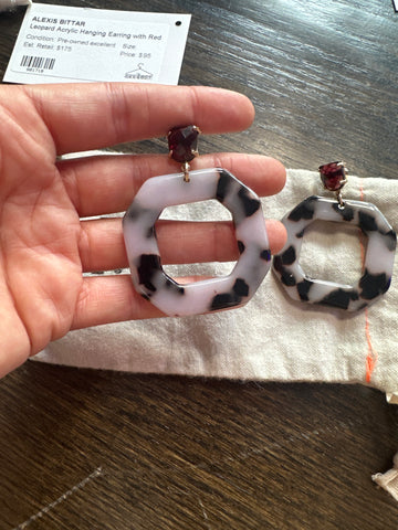 Alexis Bittar Leopard Acrylic Hanging Earring with Red Gemstone Stud