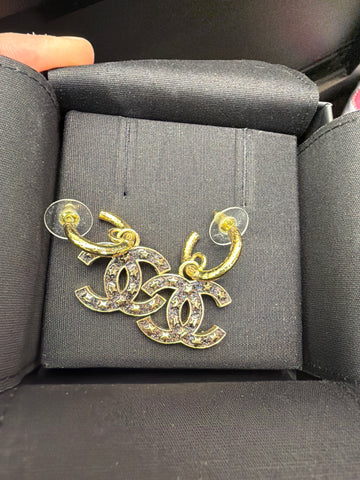 CHANEL Mini Gold hoop Earring Black Multicolor Glitter Interlock CC