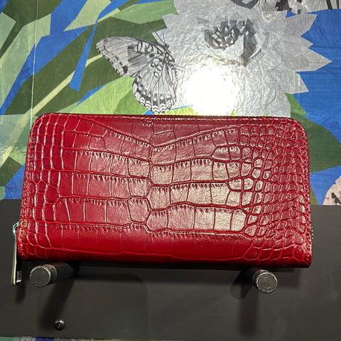 Red Croc Embossed Zip Around Wallet