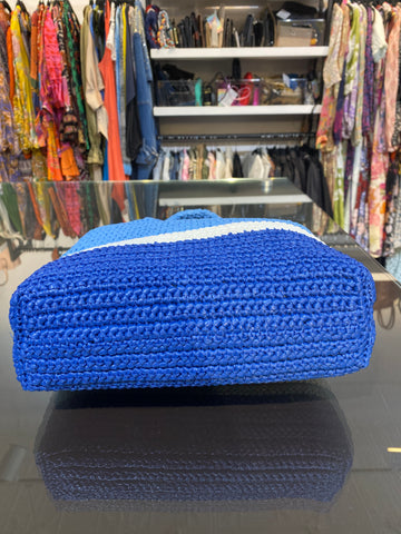 Prada Blue Striped Logo Raffia Grass Top Handle Tote