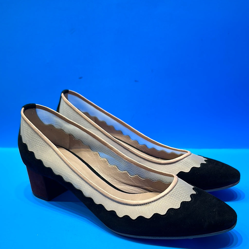 Chloe Black Scalloped Suede and Mesh Pump Burgundy Block HEel