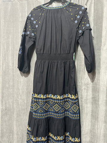 Shoshanna Black Long Sleeve Cotton V Slit Maxi Dress with Blue and Gold Embroidery