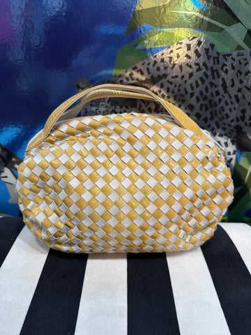 Vintage: BALLY White Leather and Yellow Patent Leather Woven Ball Bag