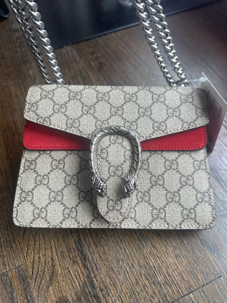 Gucci GG Dionysus Supreme Mini Bag with Red Suede