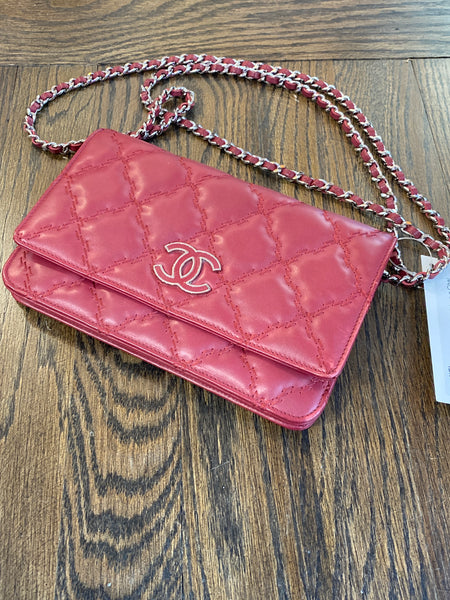 Chanel Cranberry Double Stitch Wallet on a Chain with Silver Hardware