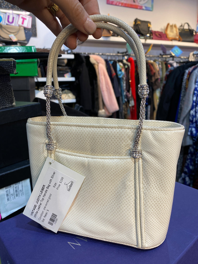 Vintage: Judith Leiber White Leather Top Handle Bag with Silver Hardware