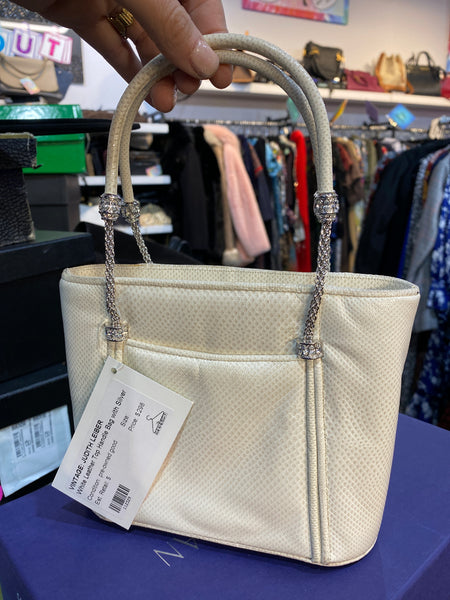Vintage: Judith Leiber White Leather Top Handle Bag with Silver Hardware