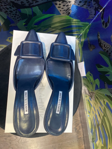 Manolo Blahnik Navy Leather MAYSALE Mules