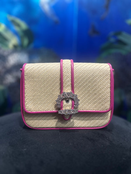 Jimmy Choo Square Raffi Flap Bag with Pink leather Trim and Gem Closure