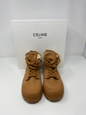 CELINE Cognac Canvas High Top Triomphe Logo Sneaker