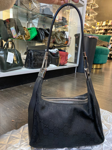 VINTAGE: Gucci GG Supreme Black Canvas Shoulder Bag with Leather Trim, Thin strap with silver hardware