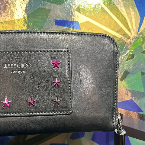 Jimmy Choo Black Leather 'FILIPA' Wallet with Pink Stars