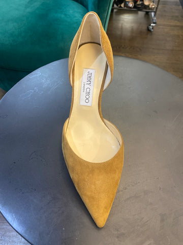Jimmy Choo Tan Suede Dorsay Pump with a Patent Kitten Heel
