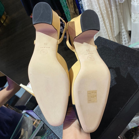Chanel Beige Goatskin and Black Grosgrain Slingback Heels