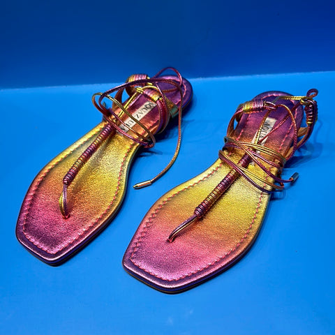 AQUAZZURA Rainbow Metallic Leather Thong Wrap Sandal