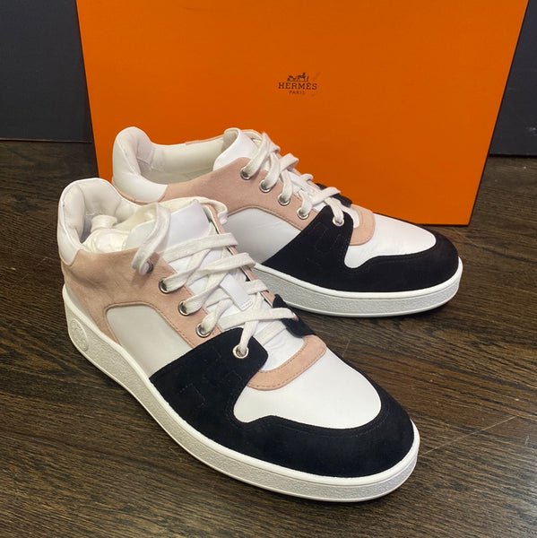 Hermes White leather Sneakers with Black and Peach-ish Suede