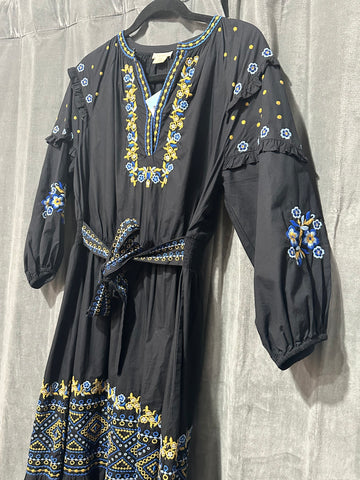 Shoshanna Black Long Sleeve Cotton V Slit Maxi Dress with Blue and Gold Embroidery
