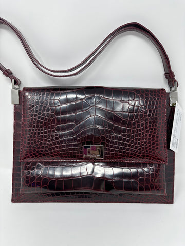 Vintage: Gucci Eggplant Leather Croc Embossed Flap Bag Silver Hardware