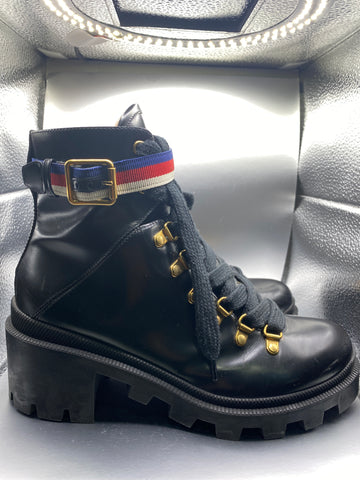 Gucci Black Block Heel 'SYLVIE'  Lace Up Bootie with Grosgrain Trim Buckle