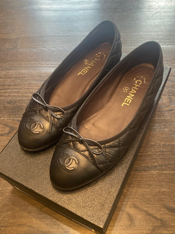 Chanel Black Leather Aged Calfskin Quilted Ballerinas