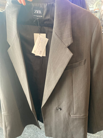 ZARA Brown Oversized Double Breasted Pinstripe Blazer