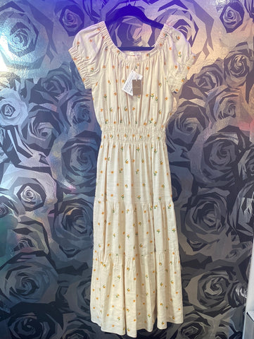 ANN MASHBURN 'Britini Dress' Cap Sleeve Neurtal Maxi Dress with Embroidered Flowers