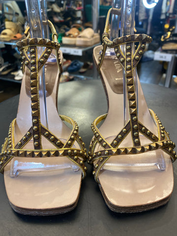 Vintage: Prada Gold Metallic Leather Strappy Flat Sandals with Antique Gold Stud Embellishments and Ankle Strap