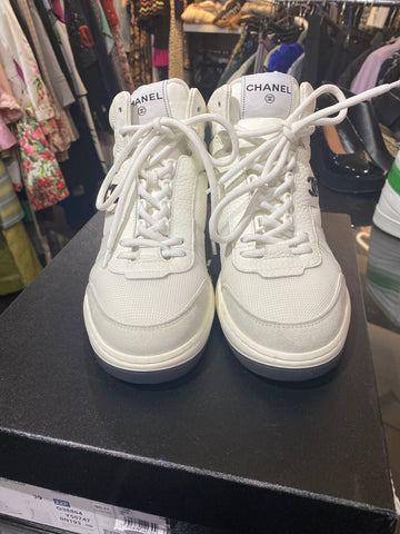 Chanel White Fabric, Suede, Calfskin and & Grained Calfskin High Top Sneaker