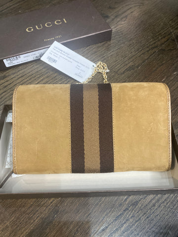 Vintage:Gucci Tan and Brown Suede Horsebit Wallet SOHO CELLARIUS on Chain