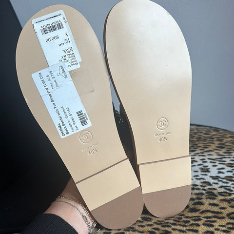 Chanel Black Sandal with Toe Strap and Gold Chain Detail