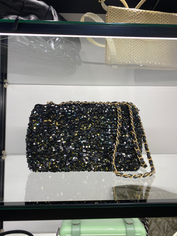 Chanel Black Green and Gold Sequin Flap Bag Gold Hardware