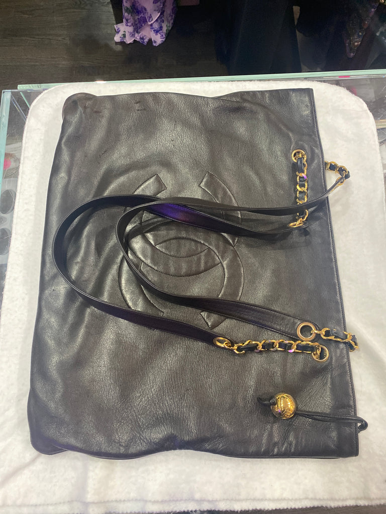 Vintage: Chanel Lambskin CC Stitched Tote Bag with Gold Ball Charm