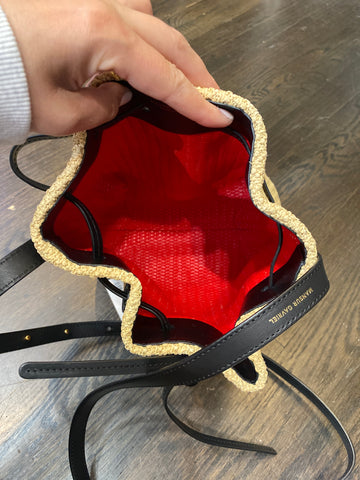 Mansur Gavriel Raffia Bucket Bag with Black Leather Strap