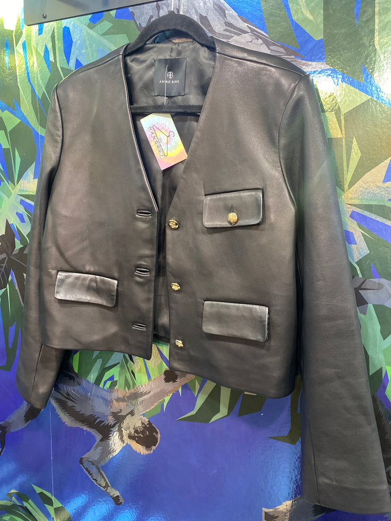 ANINE BING Black Lamb Leather V Neck CARA Cropped Jacket