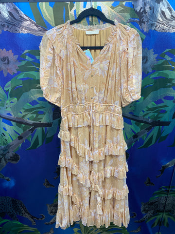 Ulla Johnson Peach Tiered Sparkle Smocked Waist Midi Dress