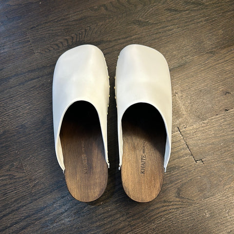 KHAITE White Leather 'LUCA' Square Toe Clogs