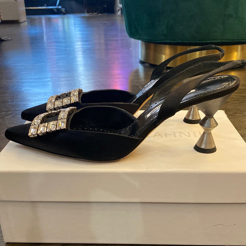 Manolo Blahnik Black Satin Slingback 70 with Silver Crystal Stone