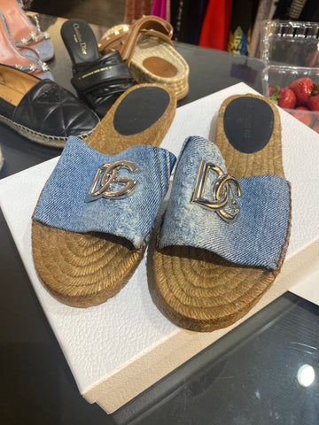 Dolce & Gabbana Denim Single Strap Logo Espadrille Slide