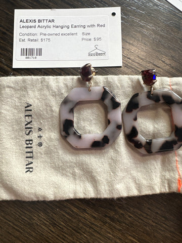 Alexis Bittar Leopard Acrylic Hanging Earring with Red Gemstone Stud