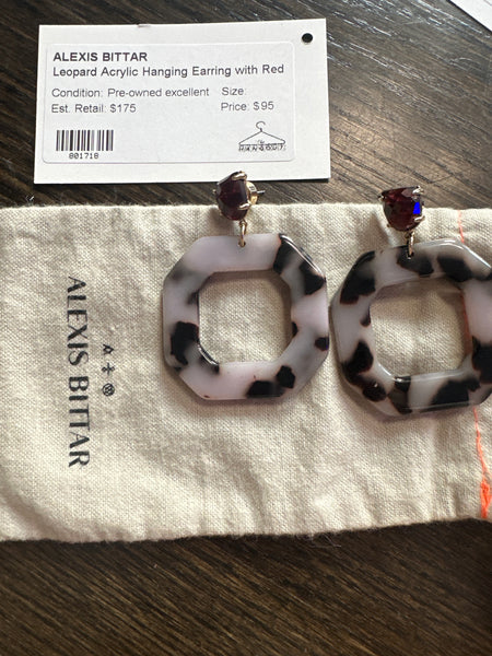 Alexis Bittar Leopard Acrylic Hanging Earring with Red Gemstone Stud