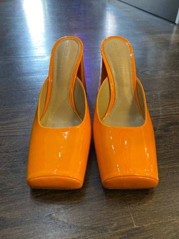 Bottega Veneta Orange Patent Leather Square Toe Mules